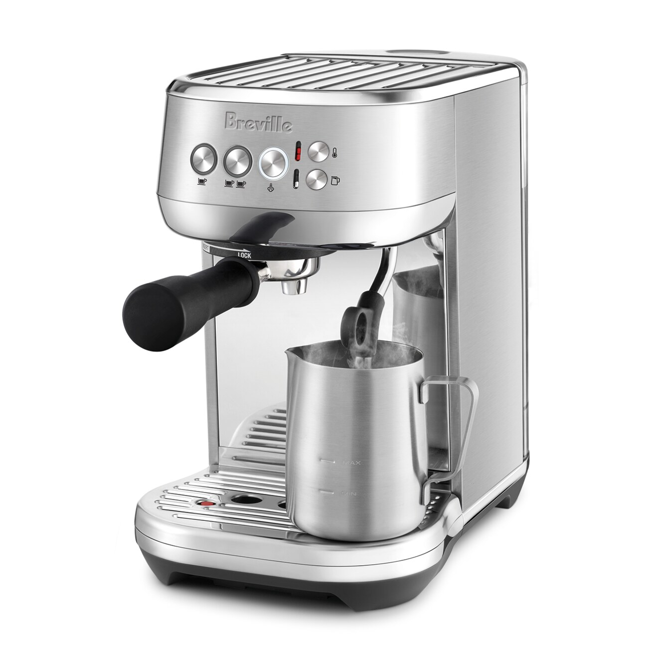 Breville Bambino Plus BES500, brushed stainless, official studio shot with auto steam wand in a milk jug