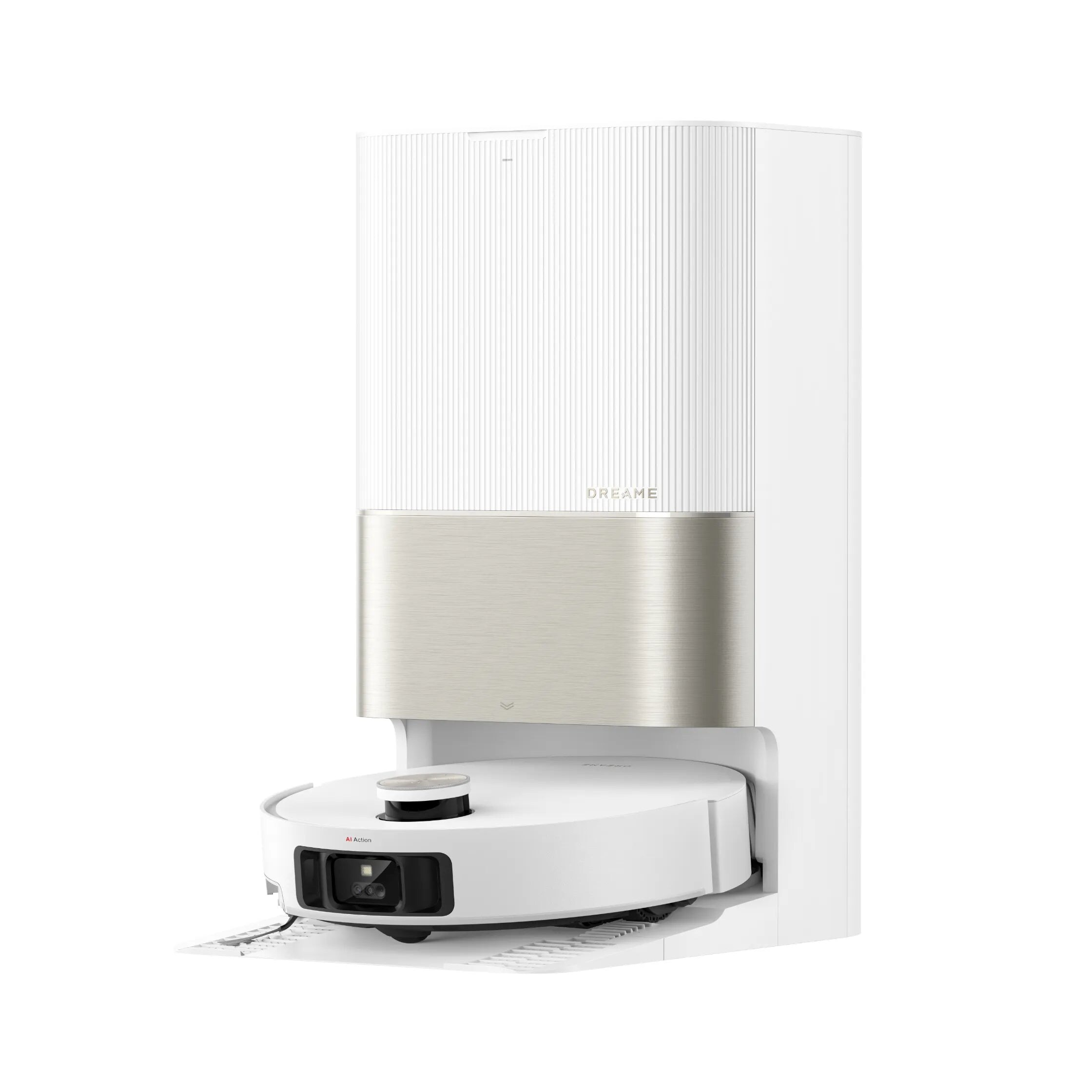 Dreame X50 Ultra robot vacuum and PowerDock, official white studio shot