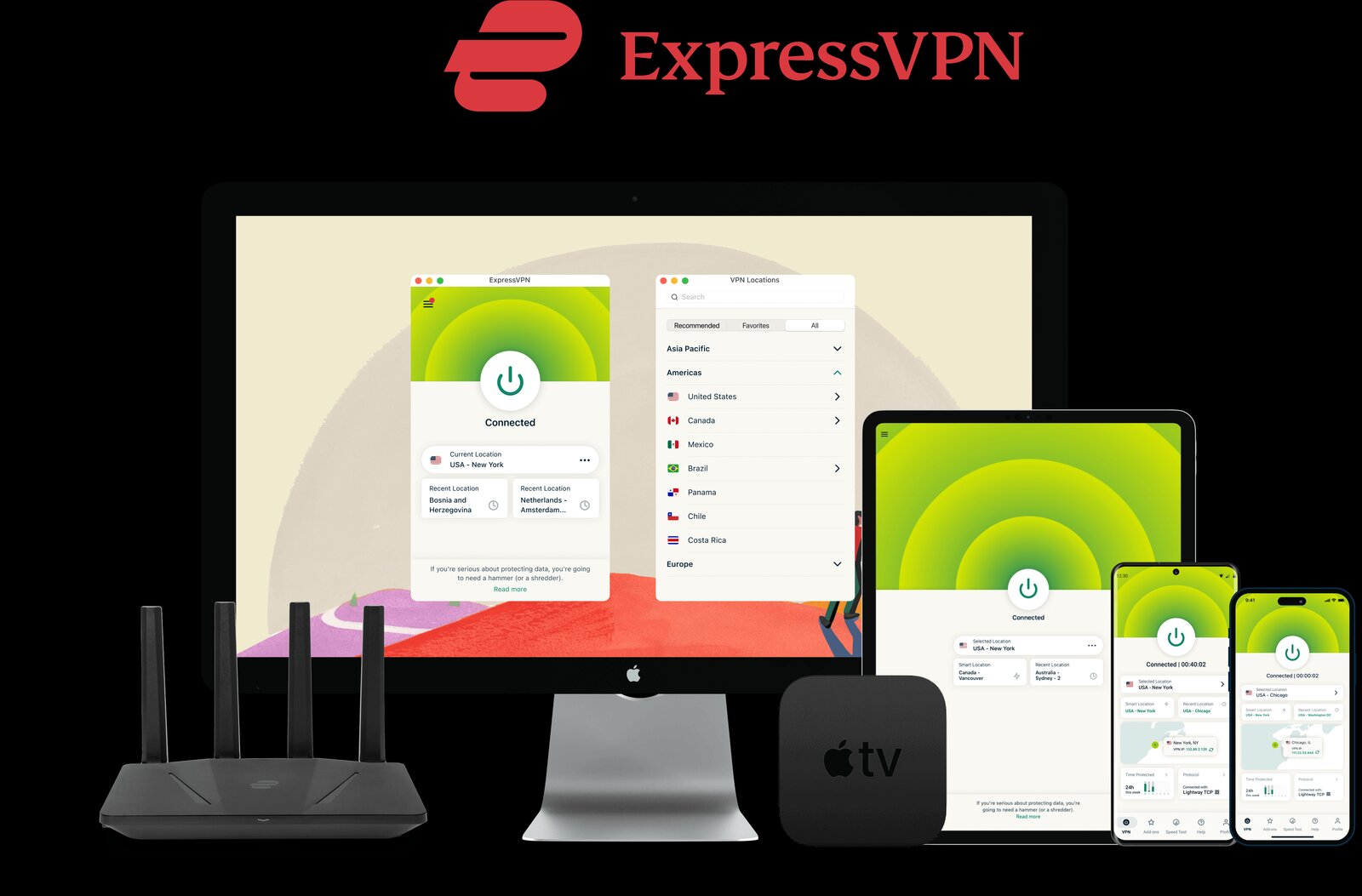 Official ExpressVPN press still of the app connected on a desktop, tablet, phones, Apple TV, and a router