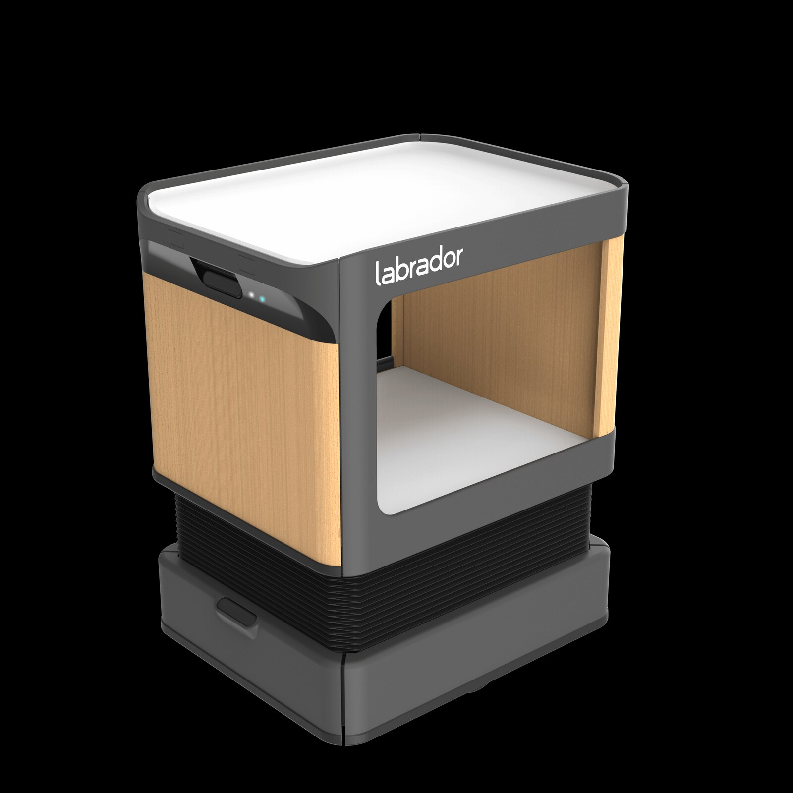Labrador Retriever assistive robot, a wheeled maple-and-charcoal shelf with two white trays