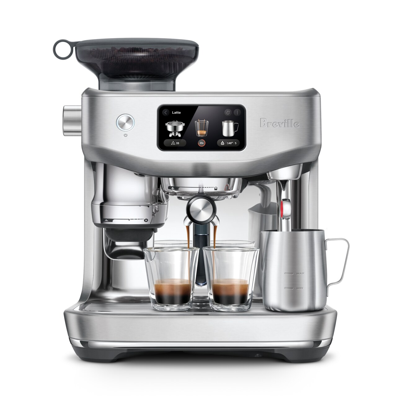 Breville Oracle Jet BES985, brushed stainless, official studio shot with touchscreen, hopper, and two espresso glasses
