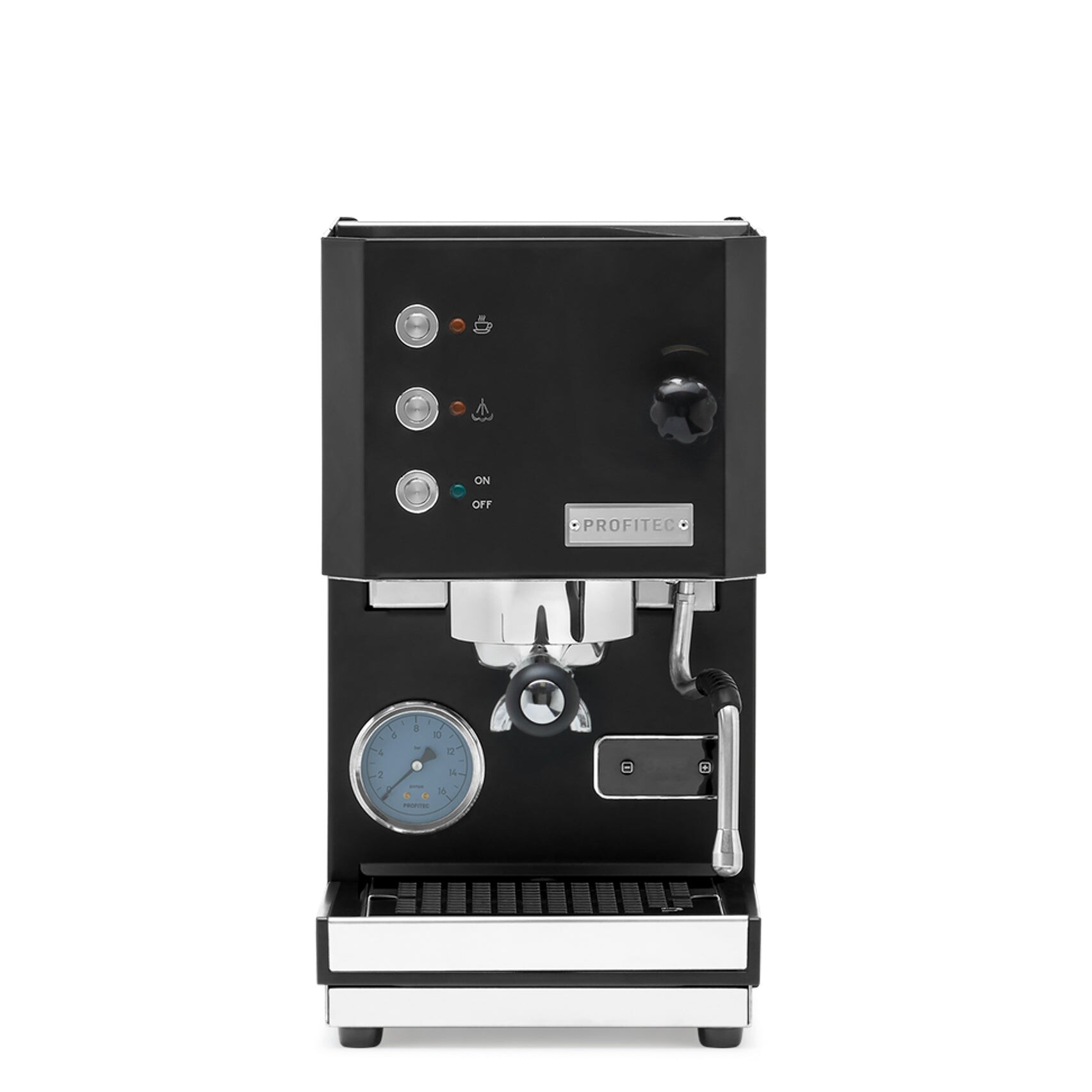 Profitec GO espresso machine in black, official catalog front shot with PID, pressure gauge, and 58 mm portafilter