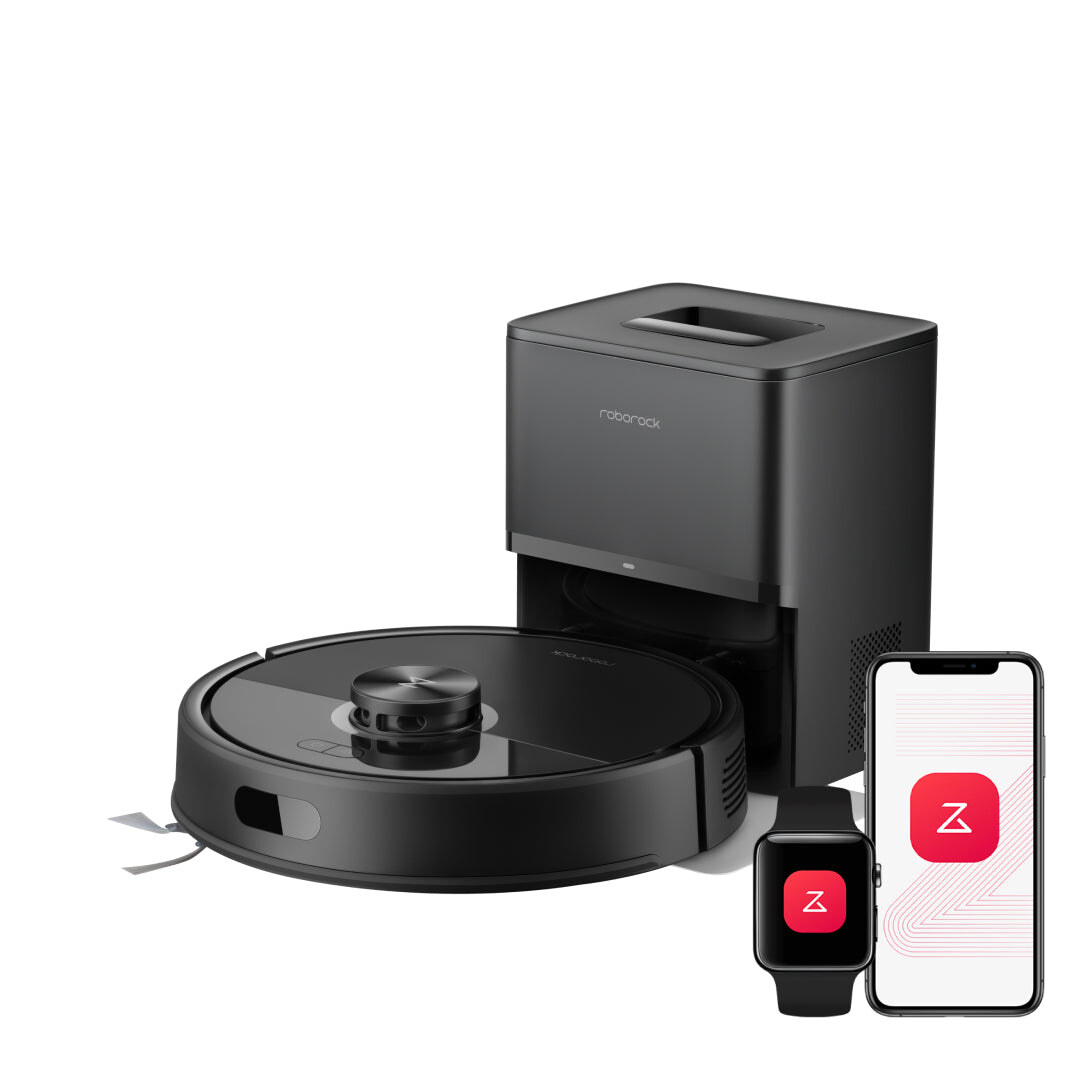 Roborock Q7 M5+ robot vacuum and auto-empty dock, official studio set shot