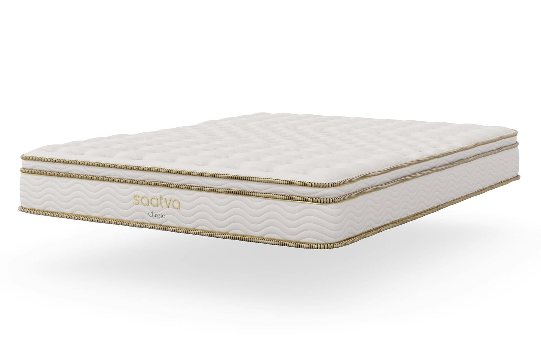 Saatva Classic innerspring mattress, official silo studio shot on white, Euro pillow top and gold piping
